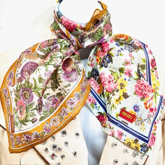 New  set of 2 KENZO Paris Mini Scarf/Handkerchief cotton 18" blue pink floral(63 - Picture 1 of 9